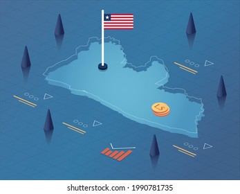 Liberia Map, Flag and Currency Modern Isometric Business and Economy Vector Illustration Design