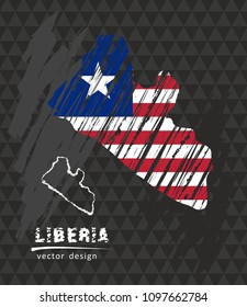 Liberia map with flag inside on the black background. Chalk sketch vector illustration