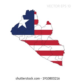 Liberia-Karte mit Flagge und Schatten einzeln auf weißem Hintergrund. Vektorgrafik EPS10.