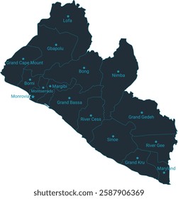 Liberia map high detailed with administrative divide by state, capital cities names, outline simplicity style. Vector illustration EPS10.