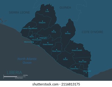 Liberia Map. High Detailed Map Of Liberia With Countries, Borders, Cities, Water Objects. Vector Illustration Eps10