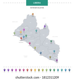 Liberia map with location pointer marks. Infographic vector template, isolated on white background. 