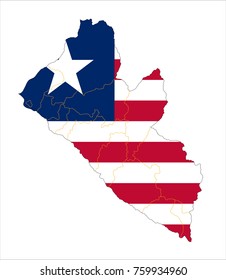 Liberia map on a world map with flag on white background.