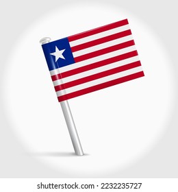 Liberia map pin flag icon. Liberian pennant map marker on a metal needle. 3D realistic vector illustration.