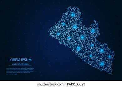 Mapa de Liberia desde el punto azul y estrellas brillantes en un fondo oscuro. Vector eps 10.
