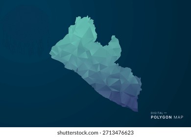 Mapa de Liberia - Ilustración vectorial de estilo polígono con degradado azul azulado, diseño geométrico de bajo poli, inspirado en la Tecnología digital y silueta limpia sobre fondo oscuro.