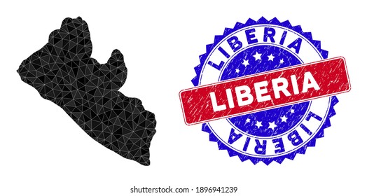 Liberia map polygonal mesh with filled triangles, and grunge bicolor stamp imitation. Triangle mosaic Liberia map with mesh vector model, triangles have different sizes, and positions,