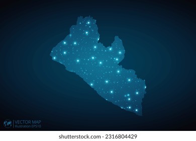Liberia map radial dotted pattern in futuristic style, design blue circle glowing outline made of stars. concept of communication on dark blue background. Vector EPS10