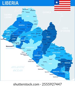 Liberia Map Vector Blue Spot - Customizable layered political map of Liberia with administrative divisions for website, education, reports, news, politics, print, poster and wallpaper