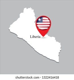 Liberia map with white shadow and country name on the map. Check-in point with a national flag on a gray background.