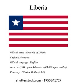 Liberia national flag, country's official name, country area size, official language, capital and currency.