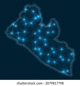 Liberia network map. Abstract geometric map of the country. Digital connections and telecommunication design. Glowing internet network. Captivating vector illustration.