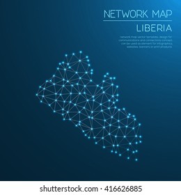 Liberia network map. Abstract polygonal Liberia network map design with glowing dots and lines. Map of Liberia networks. Vector illustration.