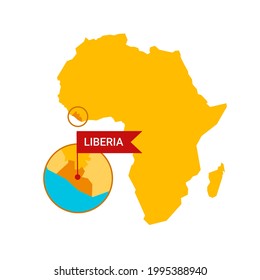 Liberia on an Africa s map with word Liberia on a flag-shaped marker. Vector isolated on white.