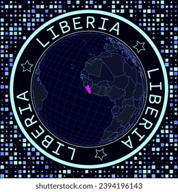 Liberia on globe vector. Futuristic satelite view of the world centered to Liberia. Geographical illustration with shape of country and squares background. Bright neon colors on dark background.