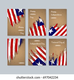 Liberia Patriotic Cards for National Day. Expressive Brush Stroke in Flag Colors on kraft paper background. Vector Greeting Card.