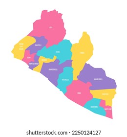 Liberia political map of administrative divisions - counties. Colorful vector map with labels.