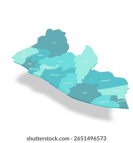 Libéria mapa político de divisões administrativas - condados. Mapa de vetor turquesa 3D com rótulos de nome.