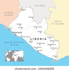 Liberia Political Map with capital Monrovia, most important cities with national borders