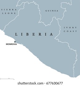 Liberia political map with capital Monrovia and international borders. Republic and country on the West African coast. Gray illustration isolated on white background. English labeling. Vector.