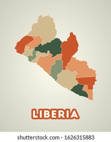 Liberia poster in retro style. Map of the country with regions in autumn color palette. Shape of Liberia with country name. Awesome vector illustration.