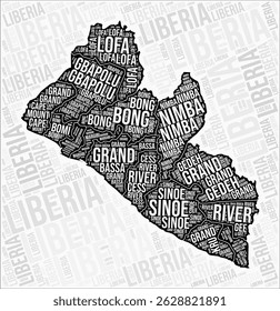Liberia regions map word cloud. Liberia region names. Black and white map design. Elegant vector illustration.
