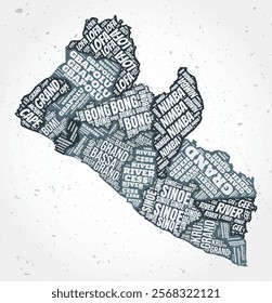 Liberia regions word cloud in a typographic style, shaped like the country on a textured background. Amazing vector illustration.