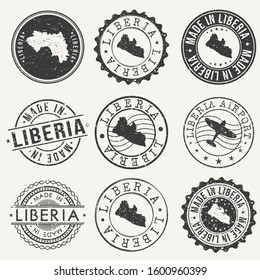 Liberia Set of Stamps. Travel Stamp. Made In Product. Design Seals Old Style Insignia.