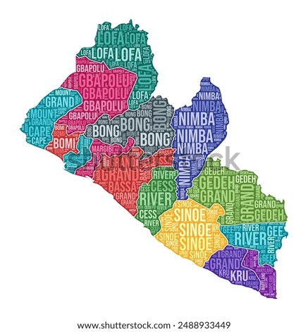 Liberia shape. Country word cloud with region division. Liberia colored illustration. Region names cloud. Vector illustration.