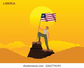 Soldado de LIBERIA en la cima de la montaña con la bandera de LIBERIA. 
ilustración del soldado del ejército de LIBERIA sosteniendo la bandera del Día de la República Feliz de LIBERIA