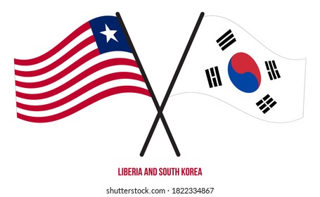 Liberia and South Korea Flags Crossed And Waving Flat Style. Official Proportion. Correct Colors.