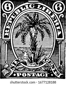 Liberia Stamp (6 cents) from 1892, a small adhesive piece of paper stuck to something to show an amount of money paid, mainly a postage stamp, vintage line drawing or engraving illustration.