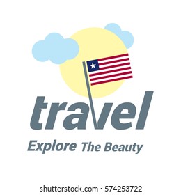 Liberia Travel Country Flag Logo. Explore the The Beauty lettering with Sun and Clouds and creative waving flag. travel company logo design - vector illustration