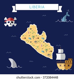 Liberia treasure map in flat design. Colorful cartoon treasure map of Liberia with flat design icons of pirate ship and jolly roger. Liberia flat design vector illustration.