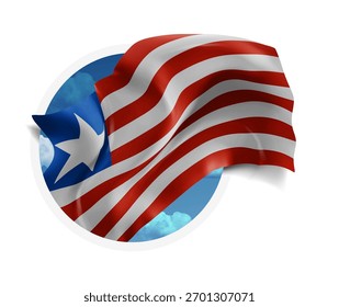 Liberia, Vektor 3D-Flagge auf blauem Himmel, durch ein rundes Loch auf weißem Hintergrund