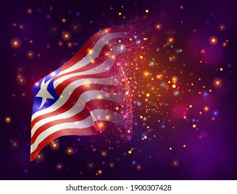 Liberia, bandera vectorial 3d sobre fondo púrpura rosa con iluminación y bengalas