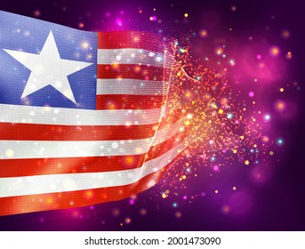 Liberia, vector 3d flag on pink purple background with lighting and flares