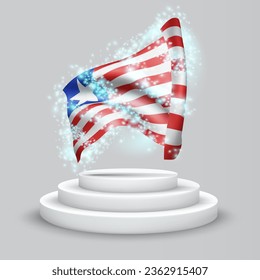 Liberia, vector 3d flag on the podium surrounded by a whirlwind of magical radiance