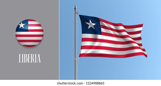 Liberia waving flag on flagpole and round icon vector illustration. Realistic 3d mockup with design of Liberian flag and circle button 