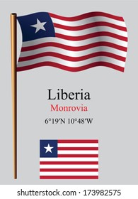 liberia wavy flag and coordinates against gray background, vector art illustration, image contains transparency