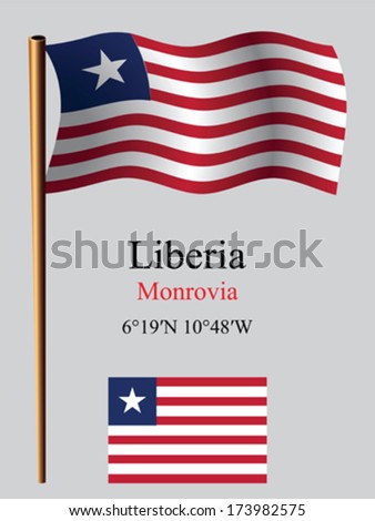 liberia wavy flag and coordinates against gray background, vector art illustration, image contains transparency