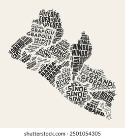 Liberia Word Cloud. Country with regions division. Liberia typographic text clouds vector image design. Vintage gazette style country shape image. Trending vector illustration.