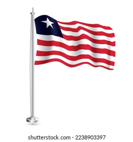 Liberian Flag. Isolated Realistic Wave Flag of Liberia Country on Flagpole. Vector Illustration.