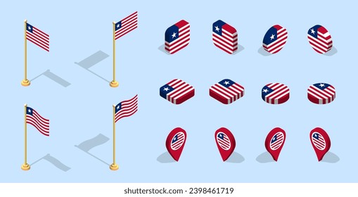 Liberian flag (Republic of Liberia). 3D isometric flag set icon. Editable vector for banner, poster, presentation, infographic, website, apps, maps, and other uses.