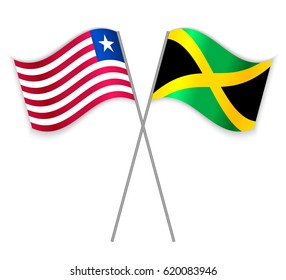 Liberian and Jamaican crossed flags. Liberia combined with Jamaica isolated on white. Language learning, international business or travel concept.