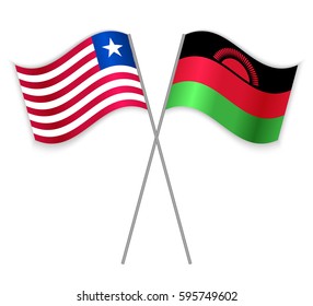 Liberian and Malawian crossed flags. Liberia combined with Malawi isolated on white. Language learning, international business or travel concept.