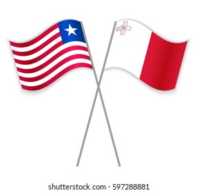 Liberian and Maltese crossed flags. Liberia combined with Malta isolated on white. Language learning, international business or travel concept.