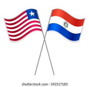 Liberian and Paraguayan crossed flags. Liberia combined with Paraguay isolated on white. Language learning, international business or travel concept.