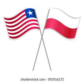 Liberian and Polish crossed flags. Liberia combined with Poland isolated on white. Language learning, international business or travel concept.