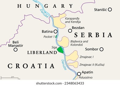 Liberland, political map. Free Republic of Liberland, unrecognised micronation in Europe, claiming Siga, an uninhabited parcel of disputed land on western bank of Danube, between Croatia and Serbia.